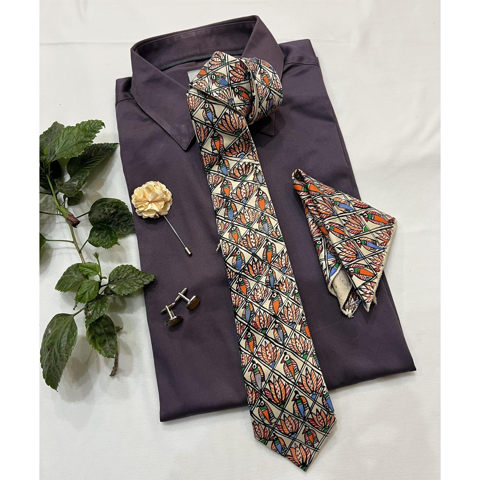 Handpainted Madhubani Silk Tie Set – Beige with Bird & Floral Motifs